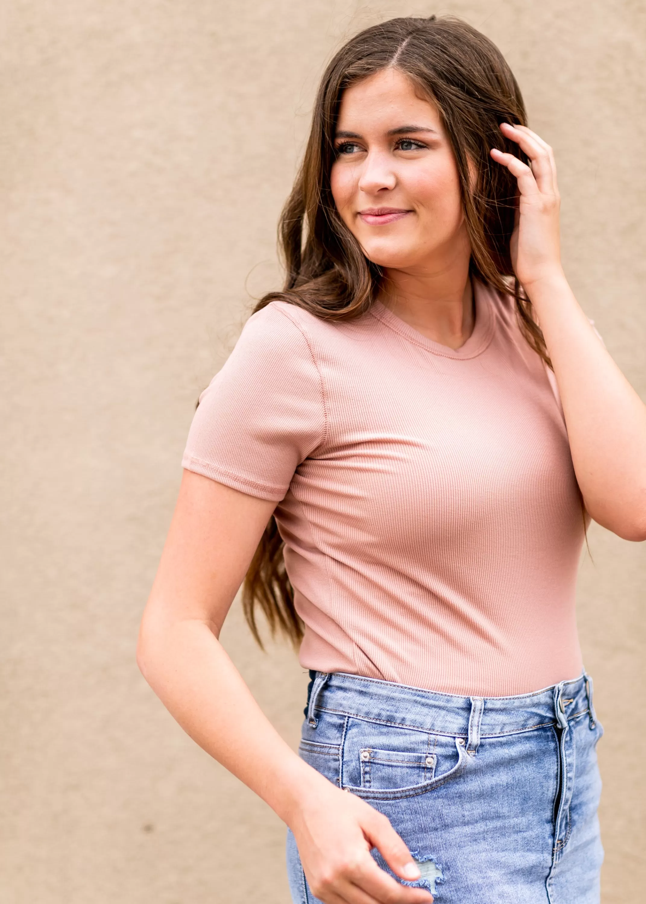 Outlet Short Sleeve Blush Ribbed T-Shirt Women Short Sleeve