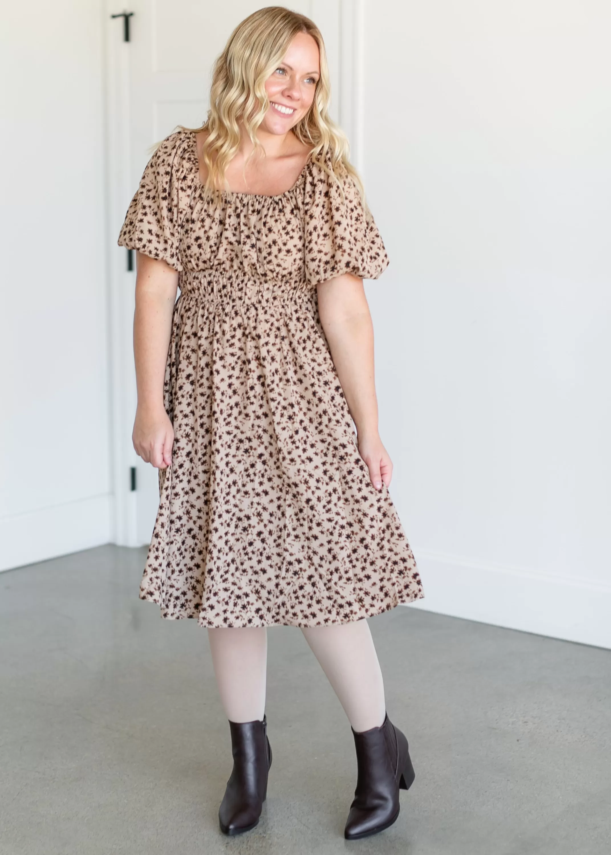Online Short Sleeve Brown Floral Midi Dress Women Plus Size