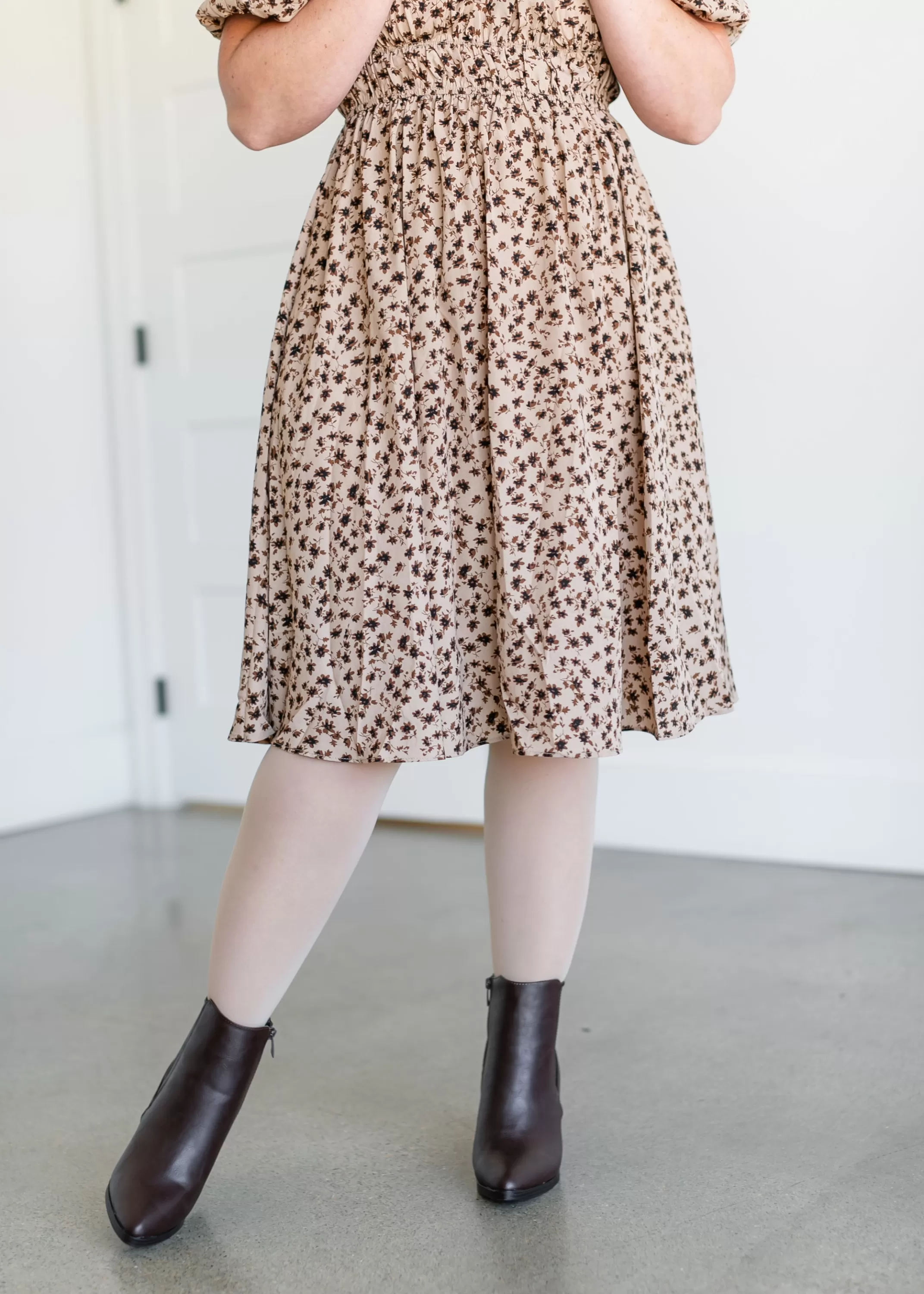 Online Short Sleeve Brown Floral Midi Dress Women Plus Size