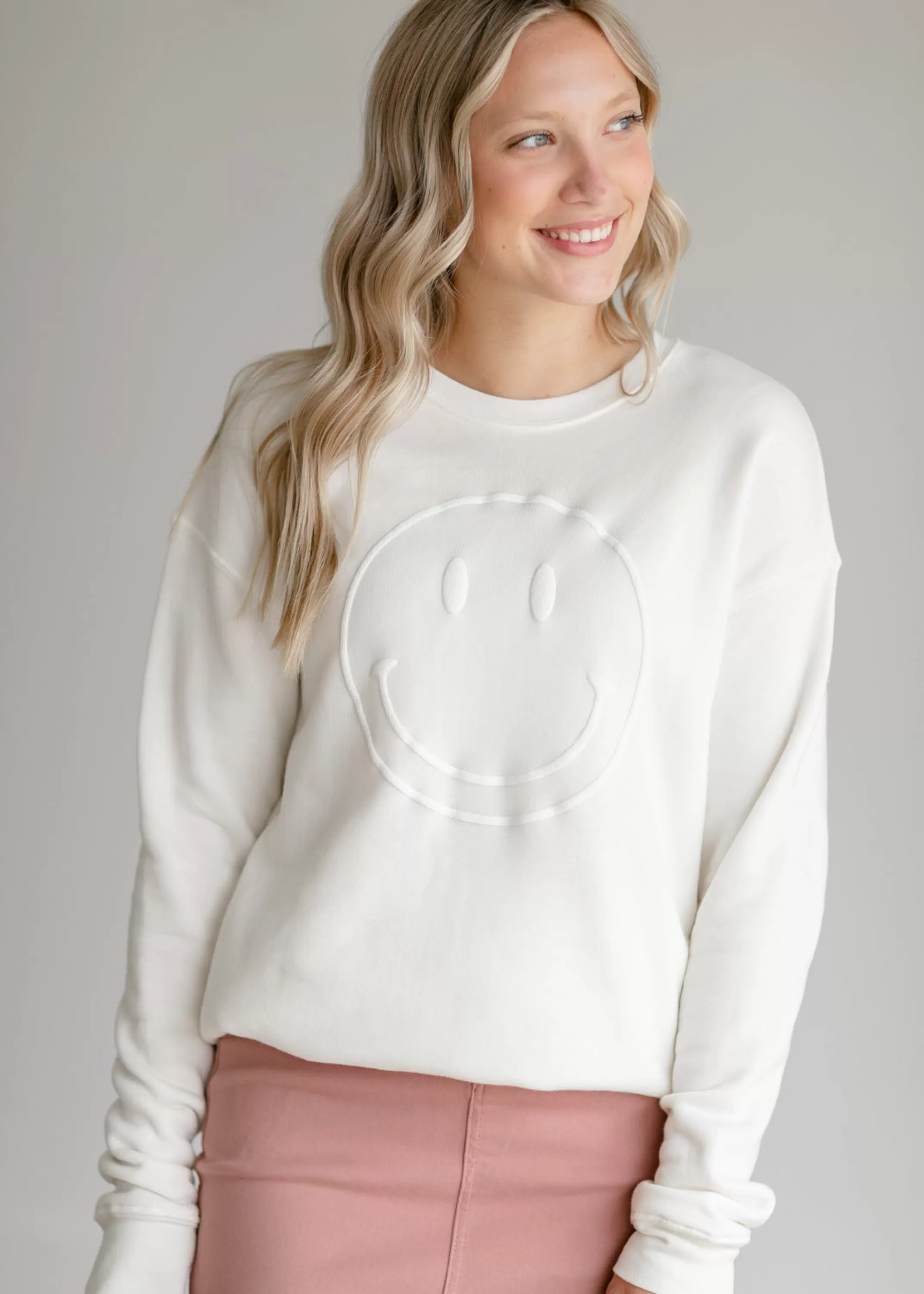 Sale Smiley Face Puff Print Crewneck Sweatshirt Women Long Sleeve