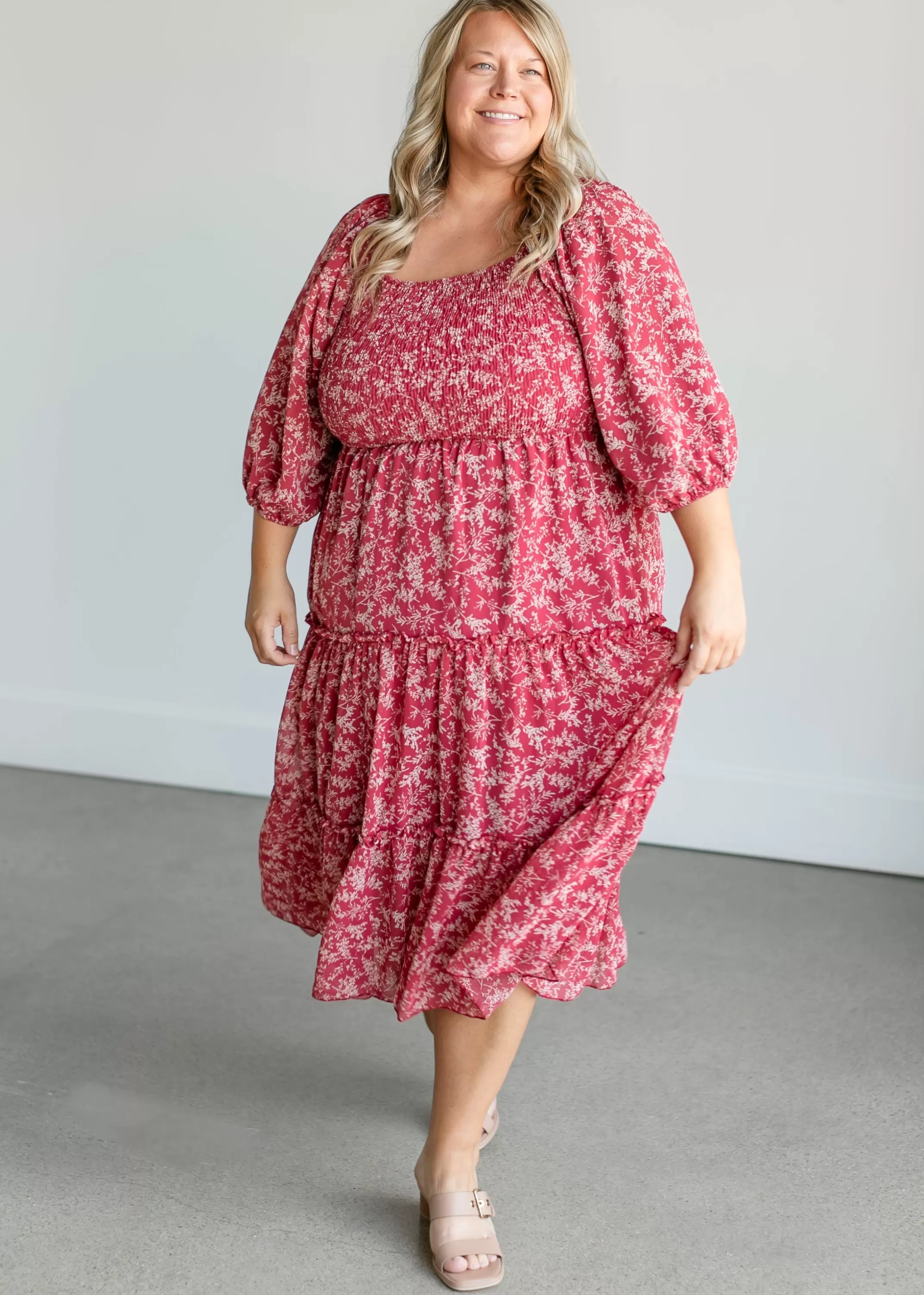 Cheap Square Neck Smocked Floral Tie Midi Dress Women Plus Size