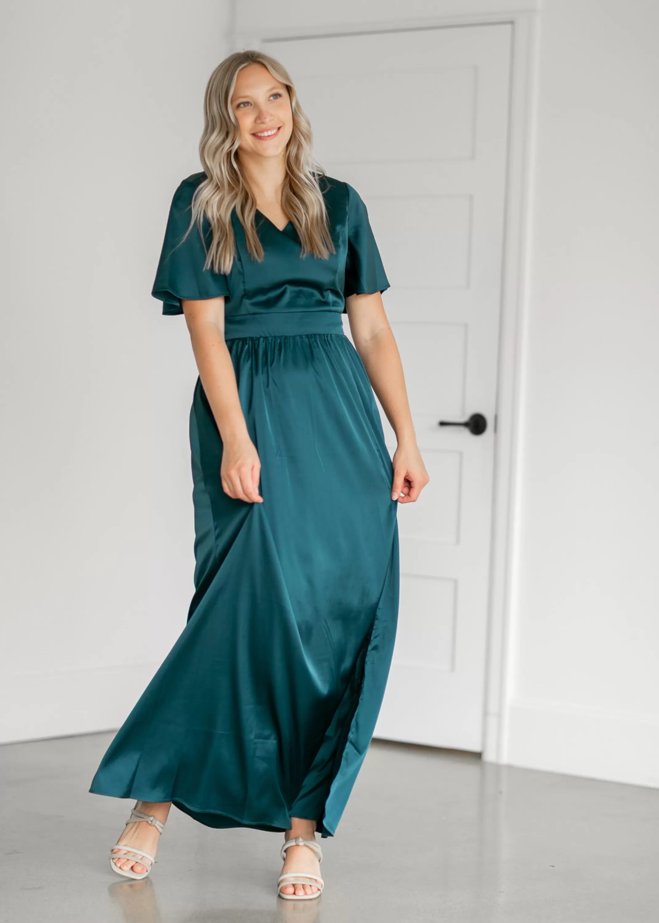 Fashion Stretch Satin Teal V-Neck Maxi Dress Women Maternity Friendly
