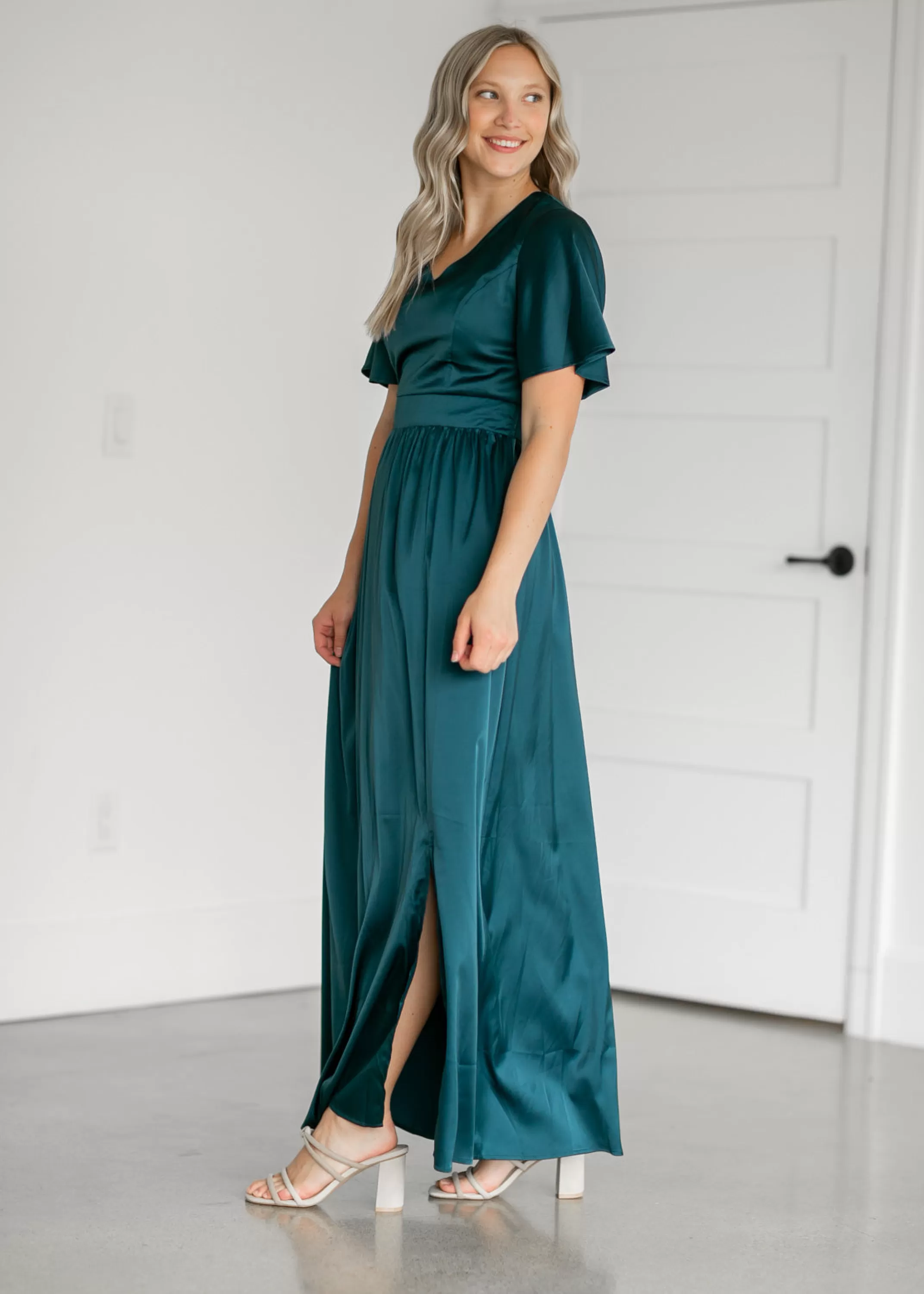 Fashion Stretch Satin Teal V-Neck Maxi Dress Women Maternity Friendly
