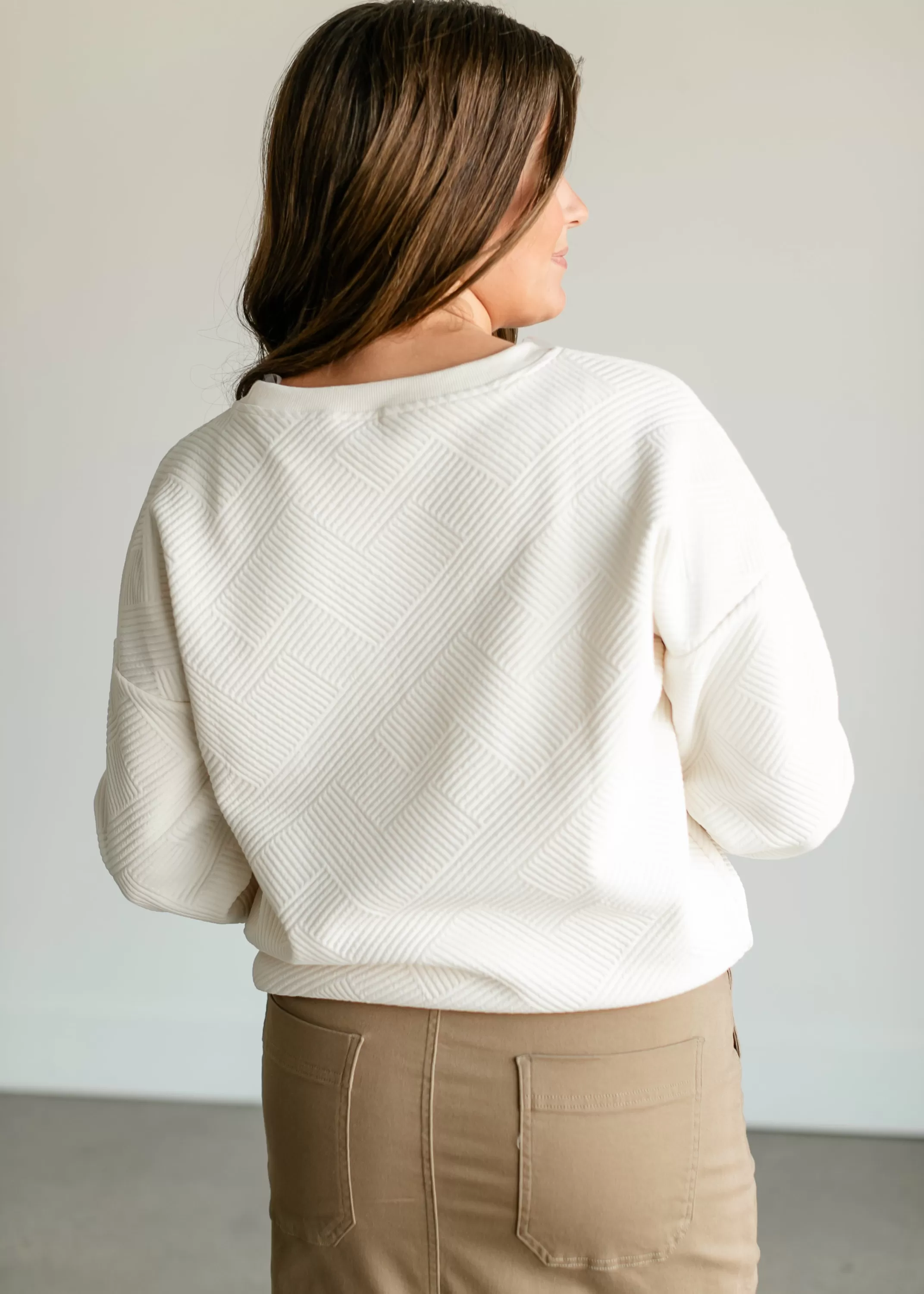 New Textured Cream Knit Crewneck Top Women Long Sleeve