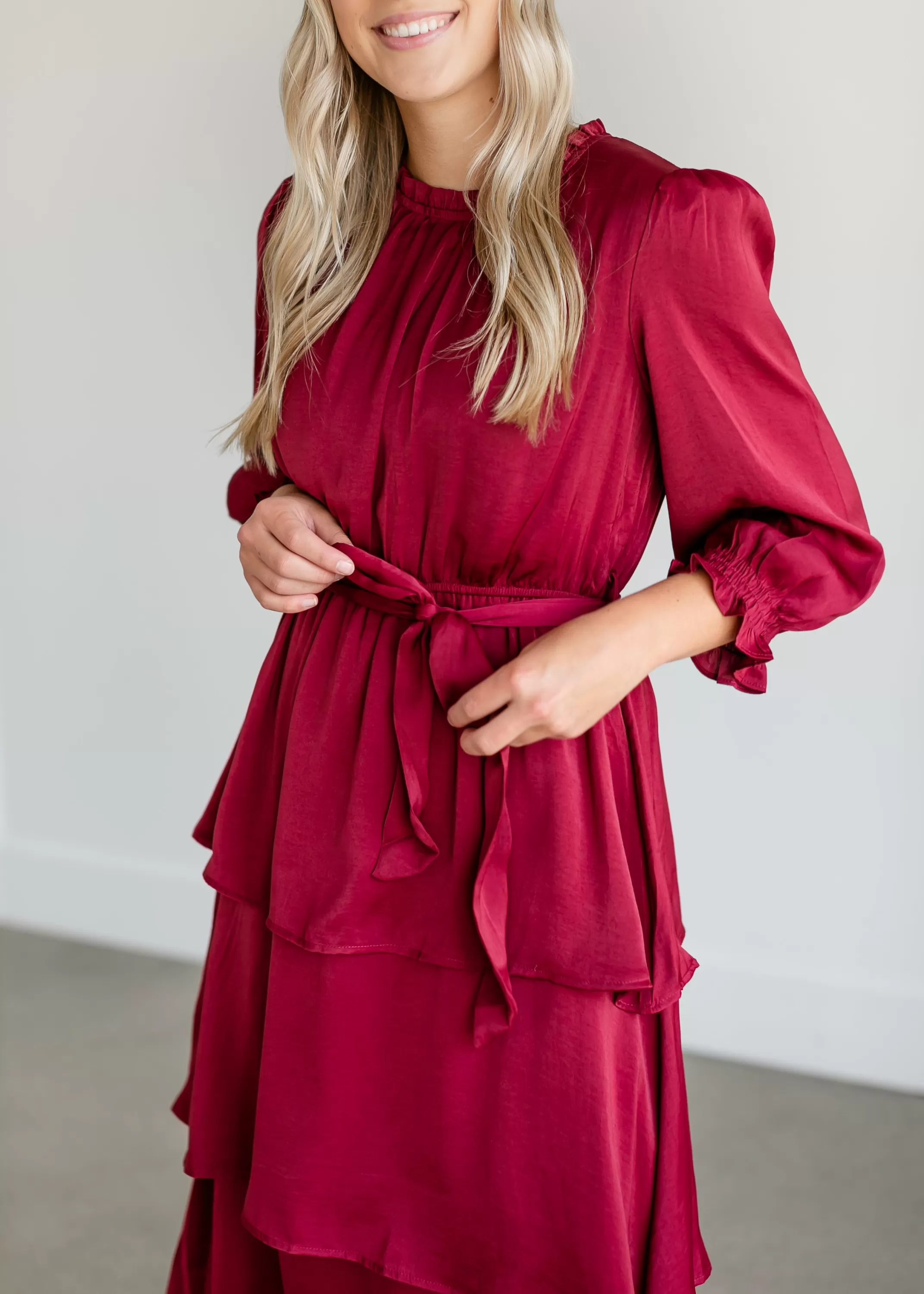 Clearance Tiered 3/4 Sleeve Satin Midi Dress Women Midi Dresses