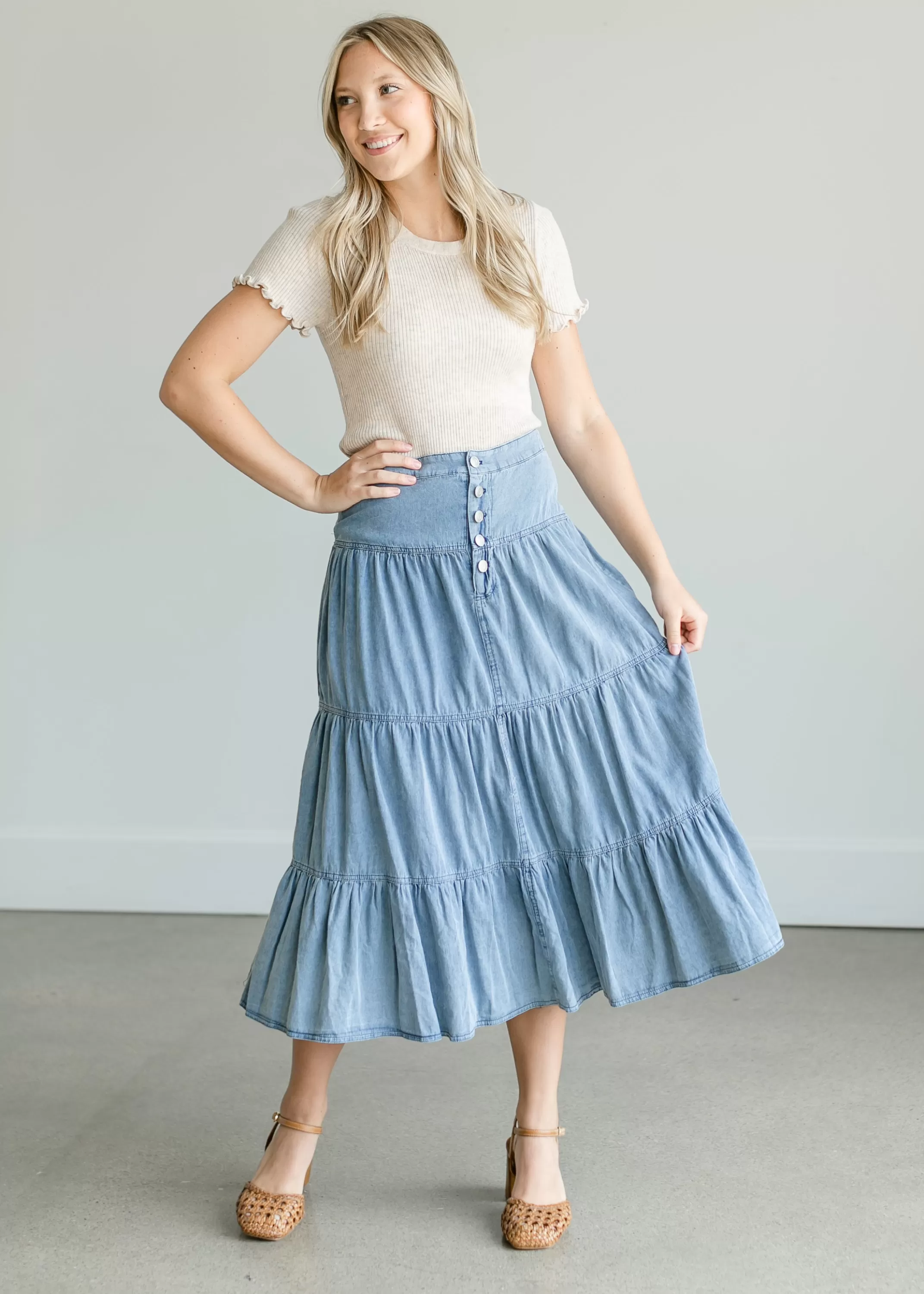 Best Sale Tiered Chambray Blue Midi Skirt Women No Slit