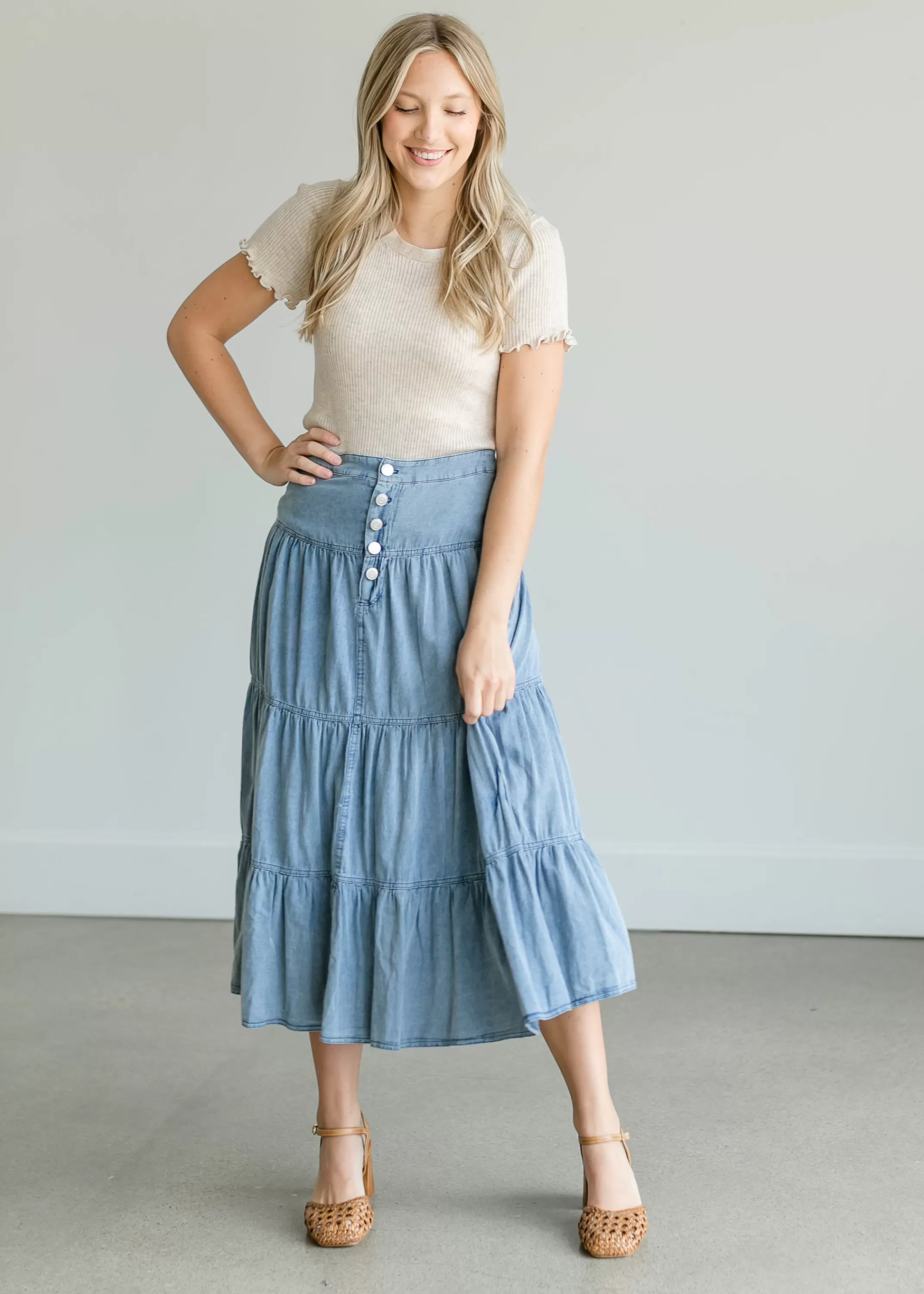 Best Sale Tiered Chambray Blue Midi Skirt Women No Slit