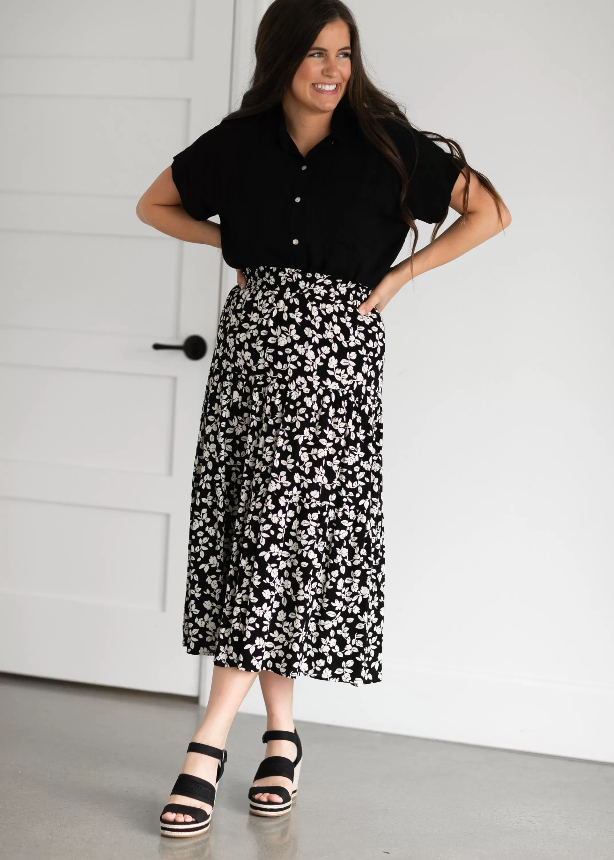 Cheap Tiered Lined Floral Print Maxi Skirt Women A-Line