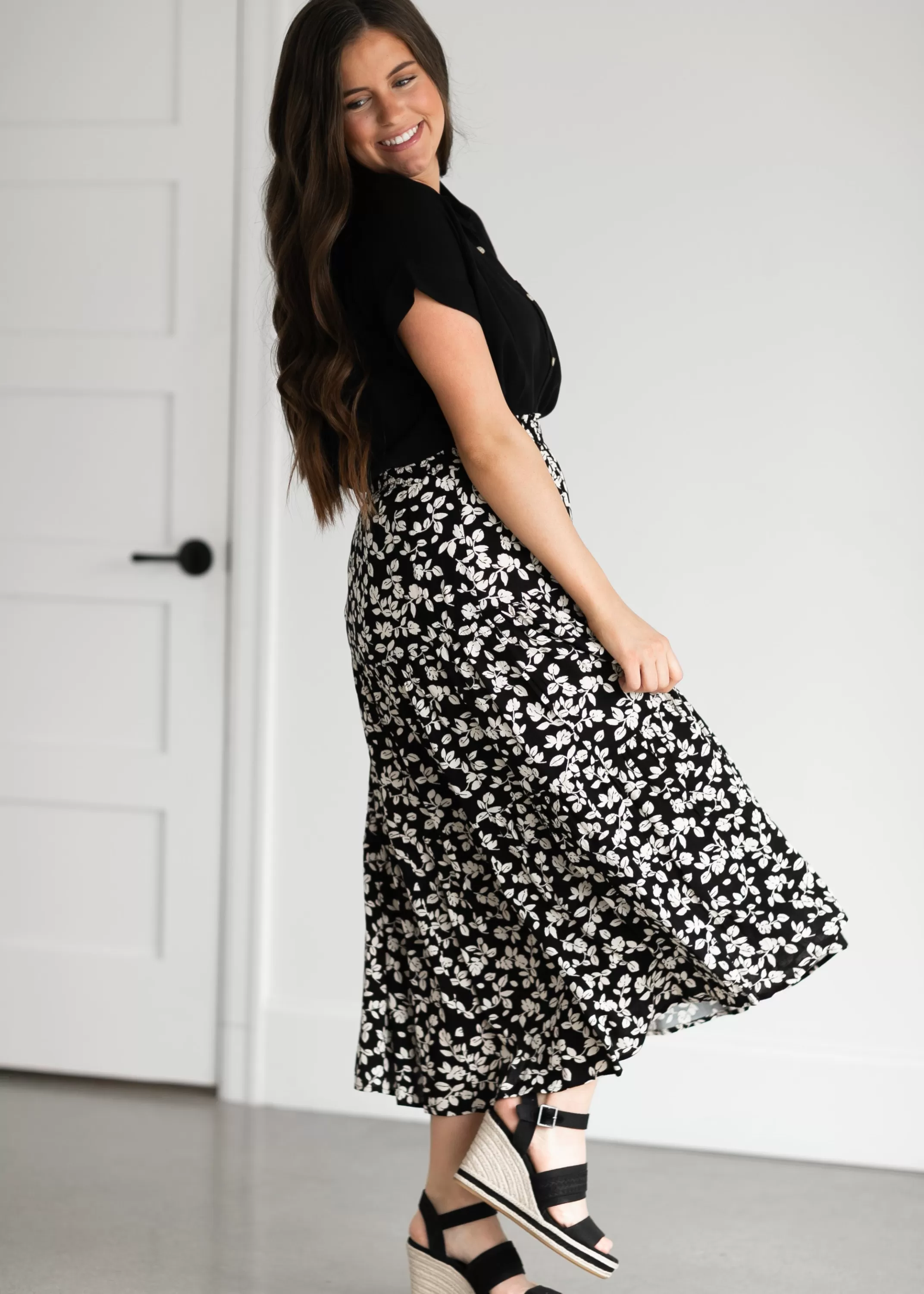 Cheap Tiered Lined Floral Print Maxi Skirt Women A-Line