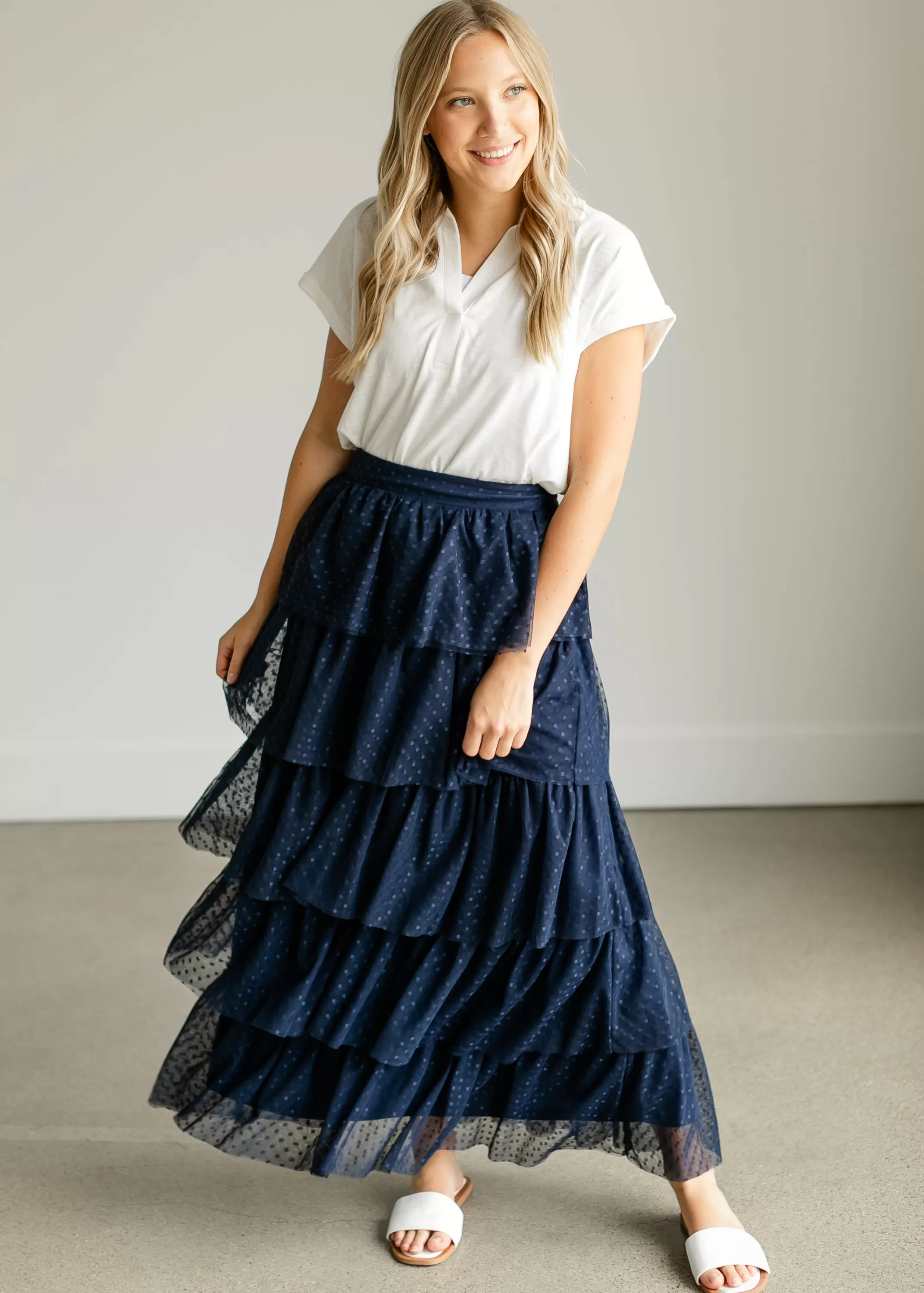 Cheap Tiered Tulle Maxi Skirt Women No Slit