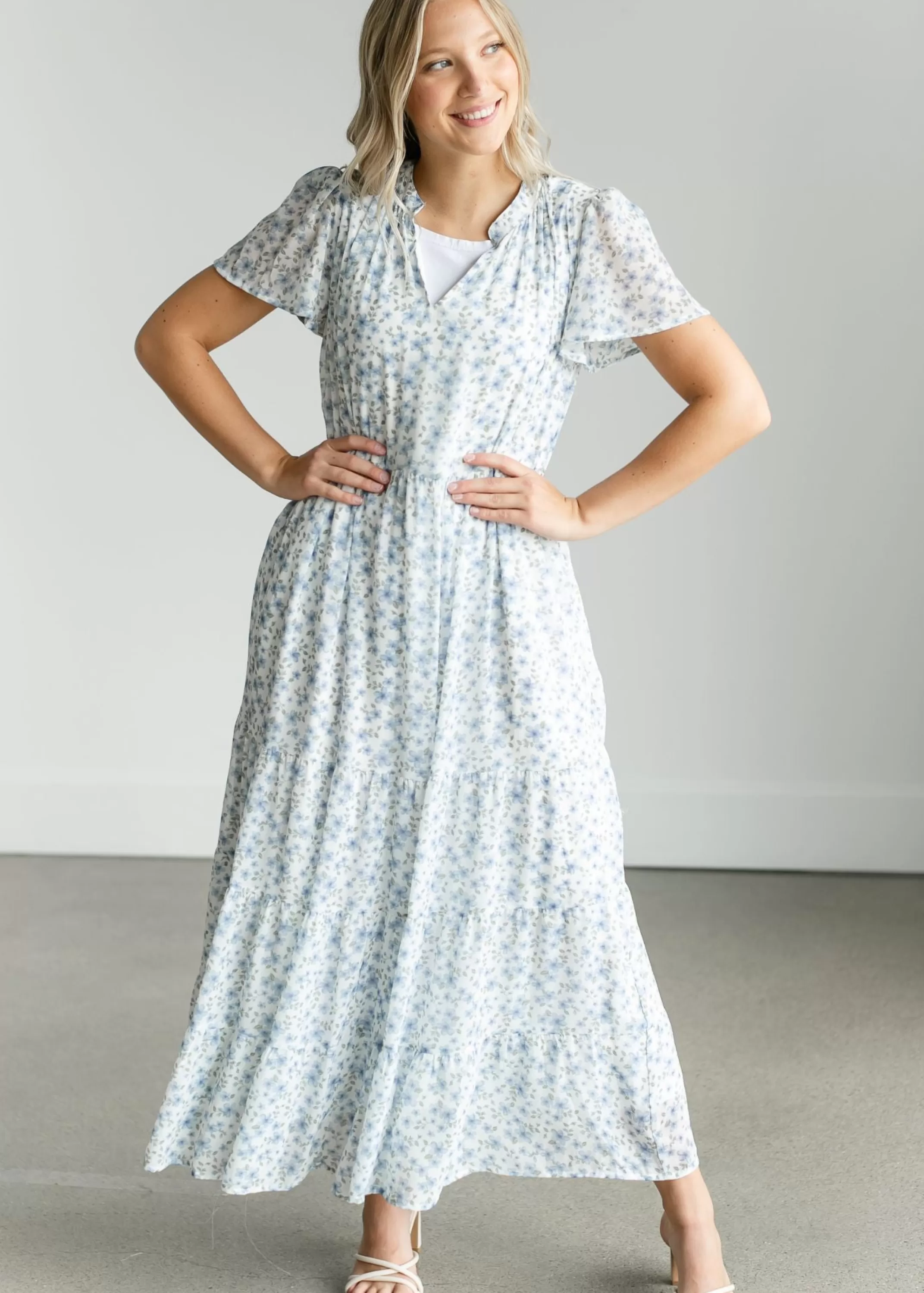 Cheap V-Neck Blue Floral Maxi Dress Women Maternity Friendly