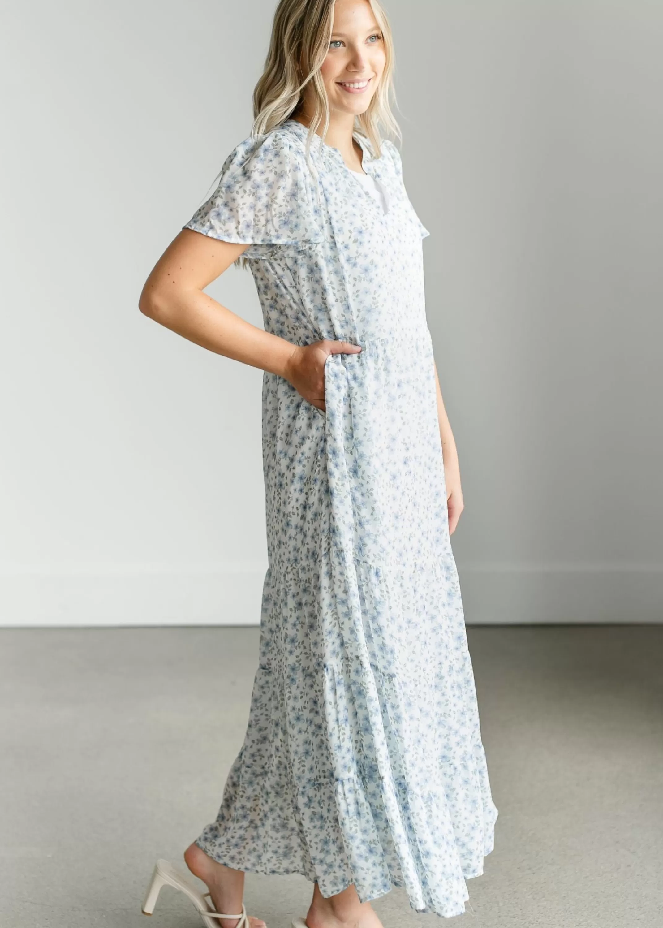 Cheap V-Neck Blue Floral Maxi Dress Women Maternity Friendly