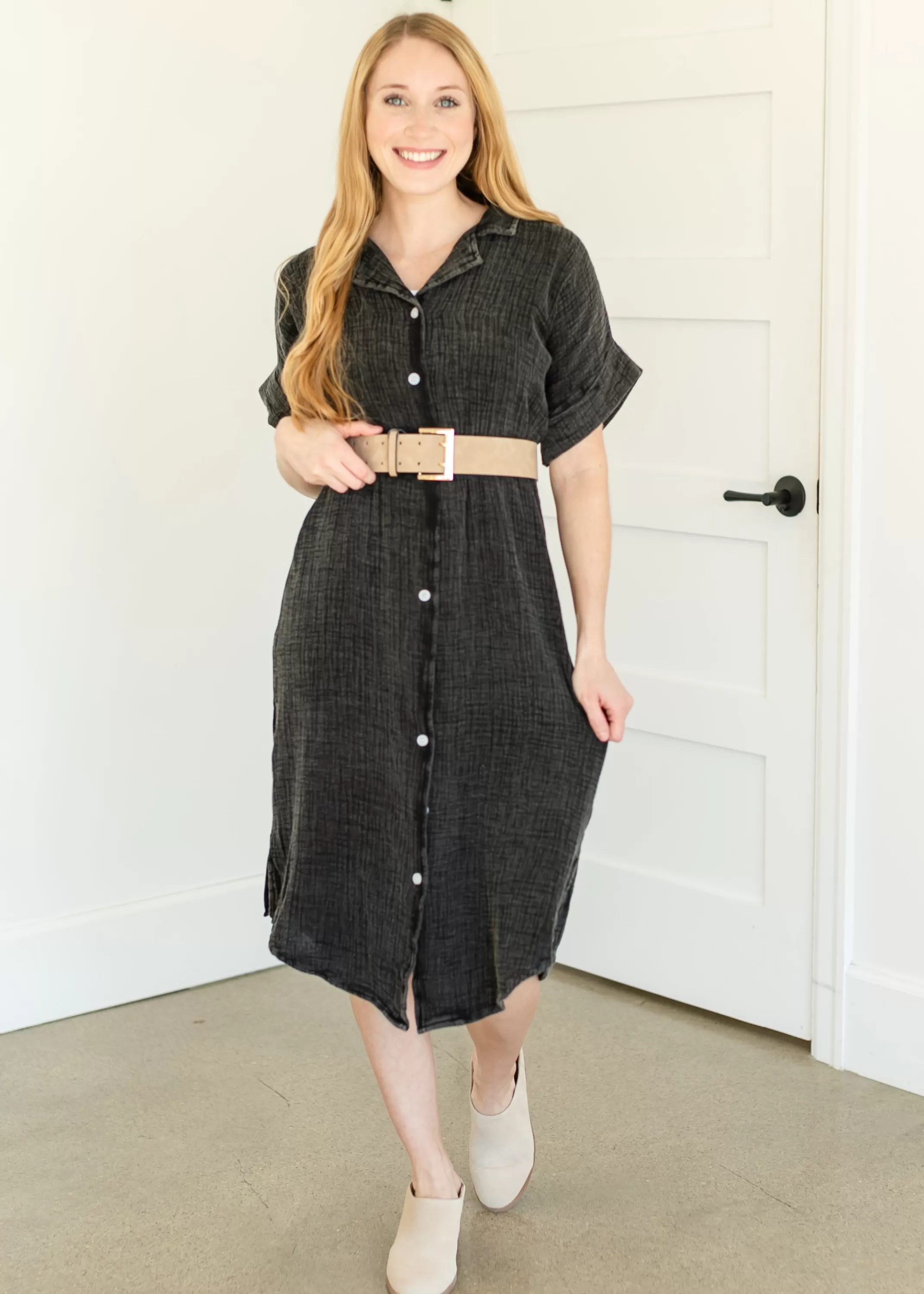 Fashion Washed Button Down Midi Dress Women Maternity Friendly