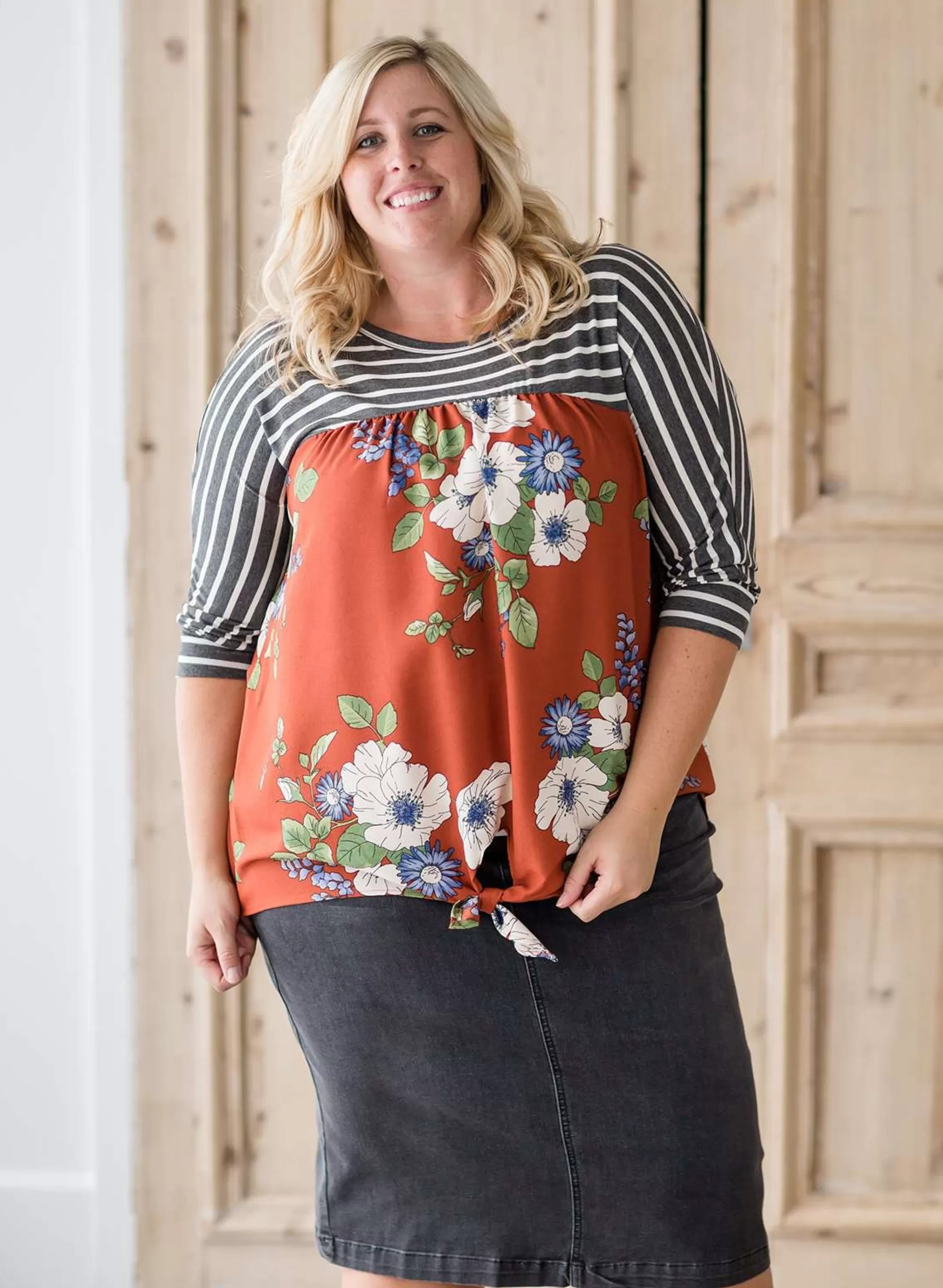 Online Women's Modest Striped Floral Mix Top | Inherit Clothing Company Women Plus Size