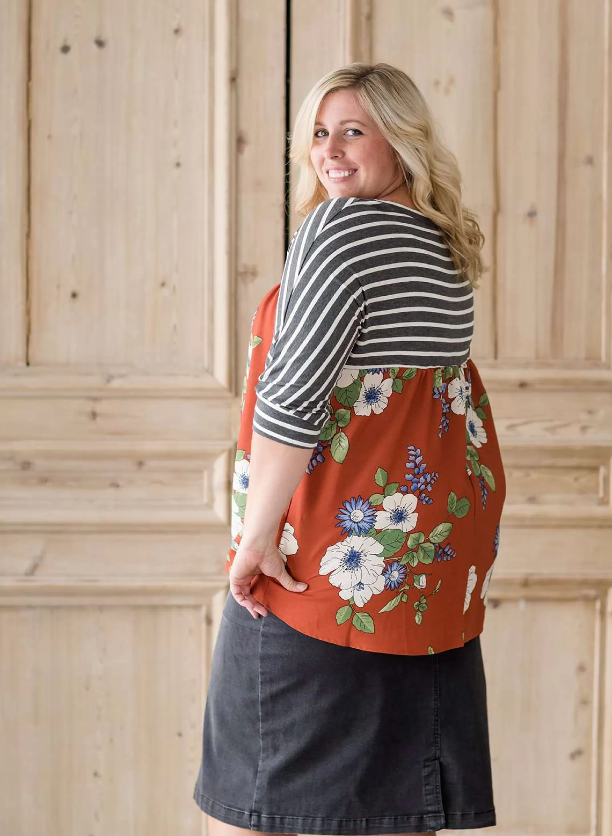 Online Women's Modest Striped Floral Mix Top | Inherit Clothing Company Women Plus Size