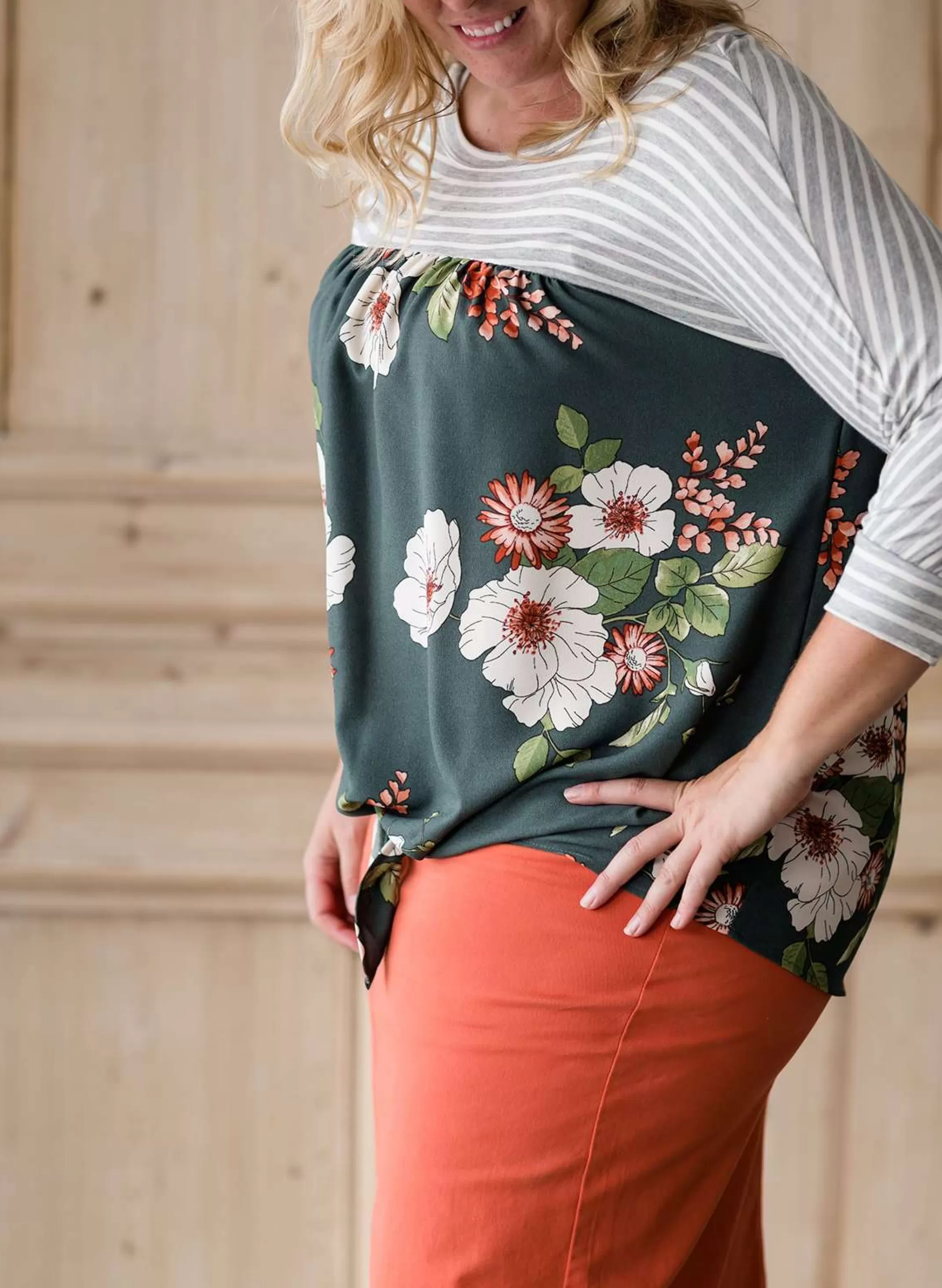 Online Women's Modest Striped Floral Mix Top | Inherit Clothing Company Women Plus Size