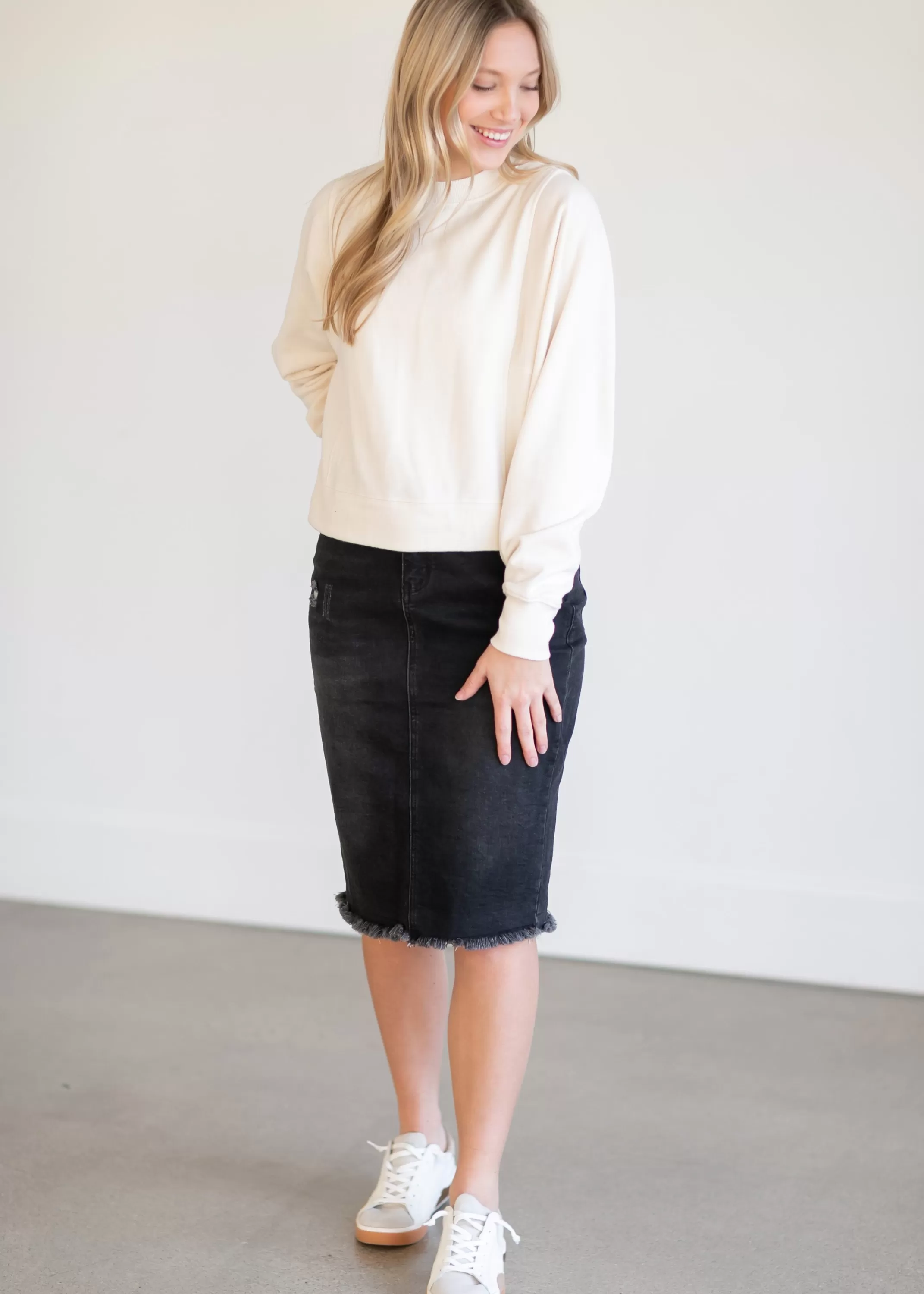 Cheap Zoey Frayed Hem Black Denim Midi Skirt Women Plus Size